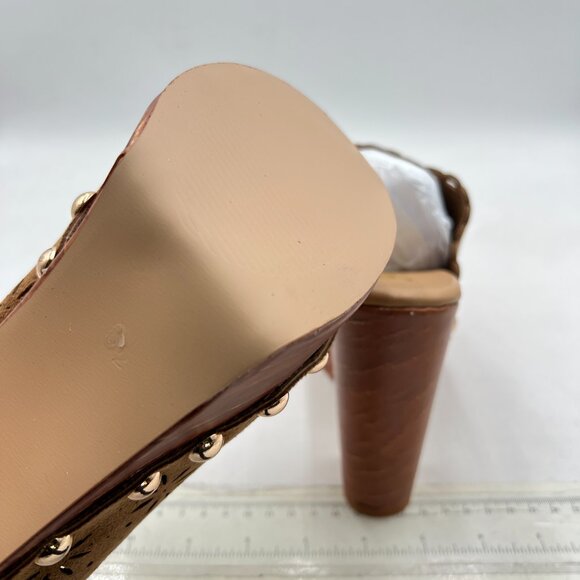 FOWT Tan Studded Round Toe Floral Cut Out Platform Mules Chunky Heel Sandals - Picture 6 of 8